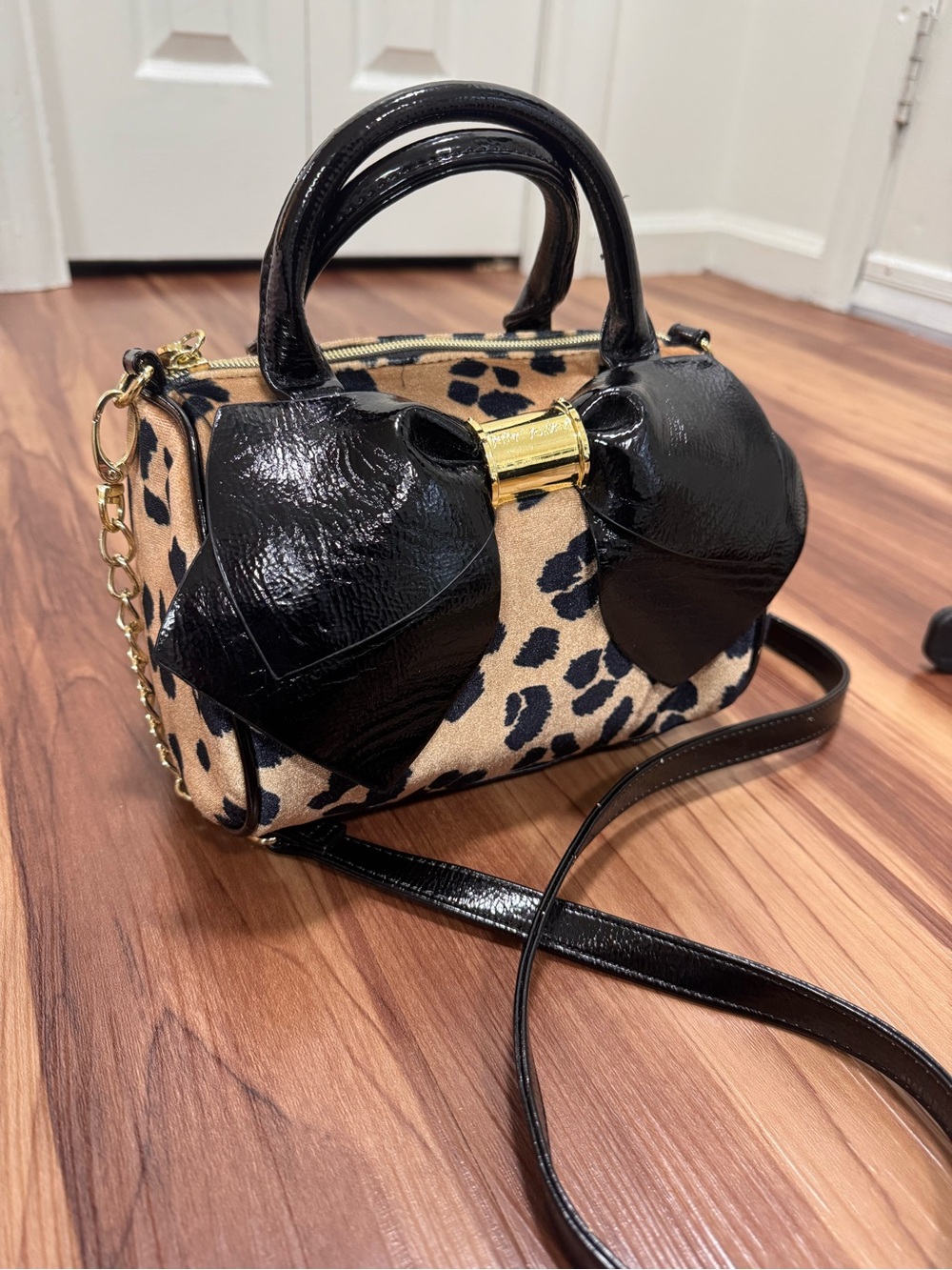 Betsey Johnson Leopard Mini Satchel with Black Patent Bow